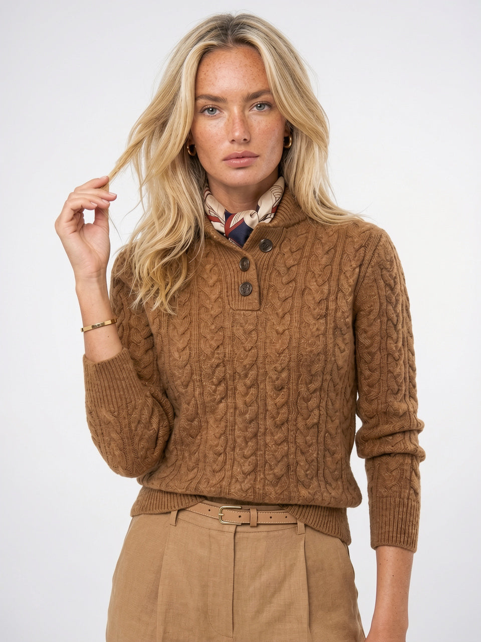 Pull Cachemire Boutonné Col Montant Femme Torsadé - 13