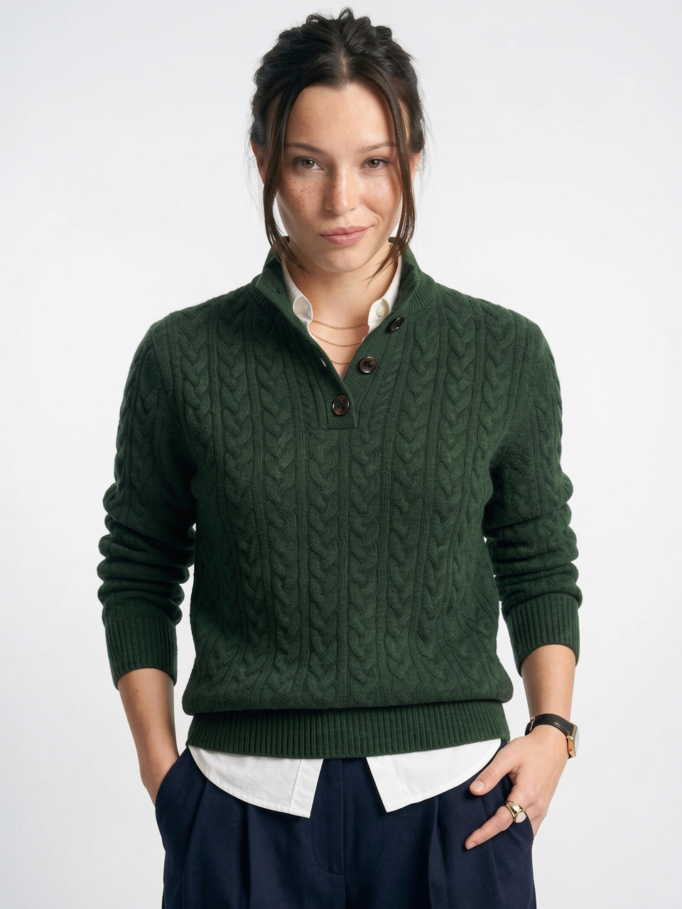Pull Cachemire Boutonné Col Montant Femme Torsadé - 16