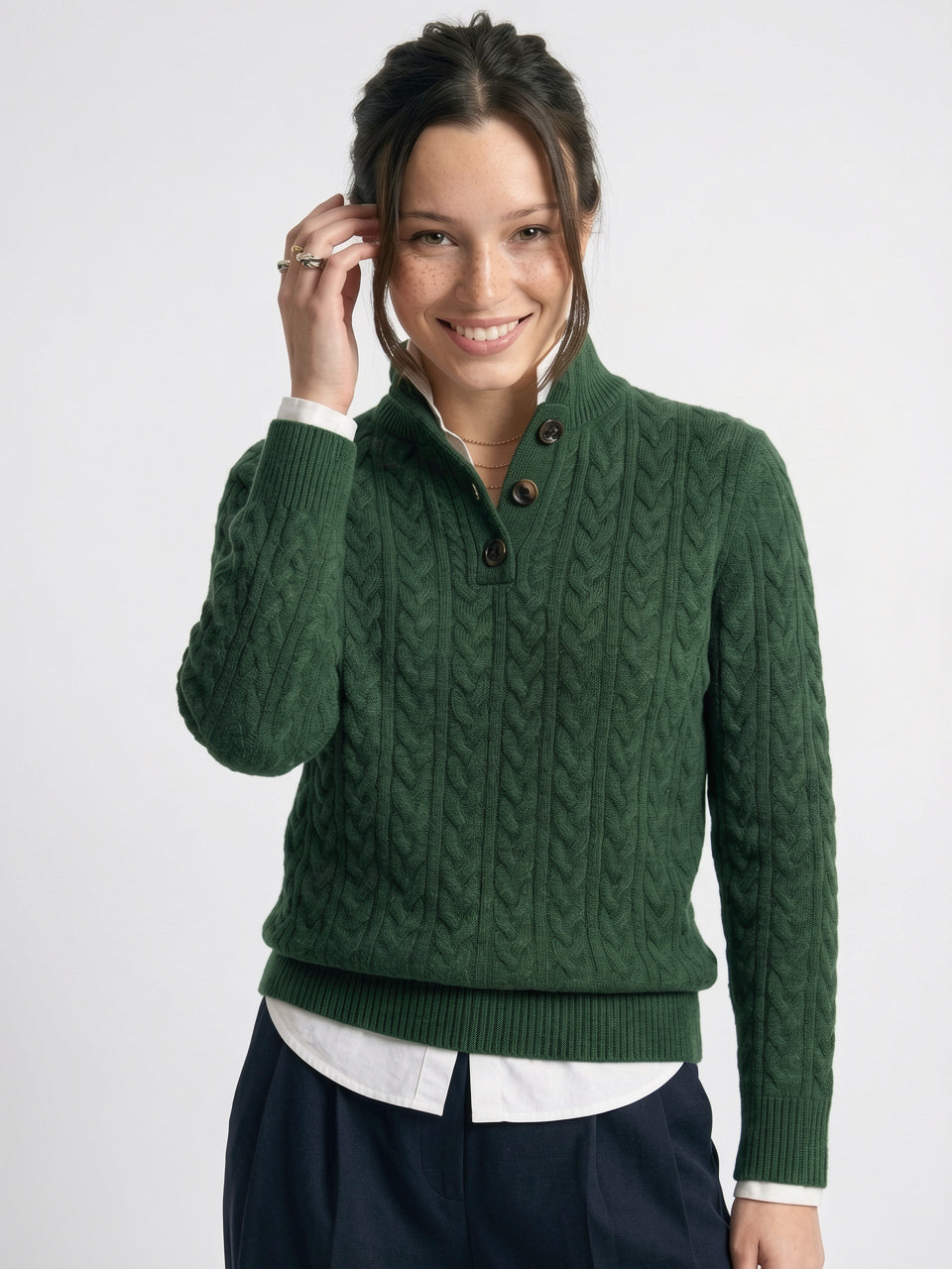 Pull Cachemire Boutonné Col Montant Femme Torsadé - 17
