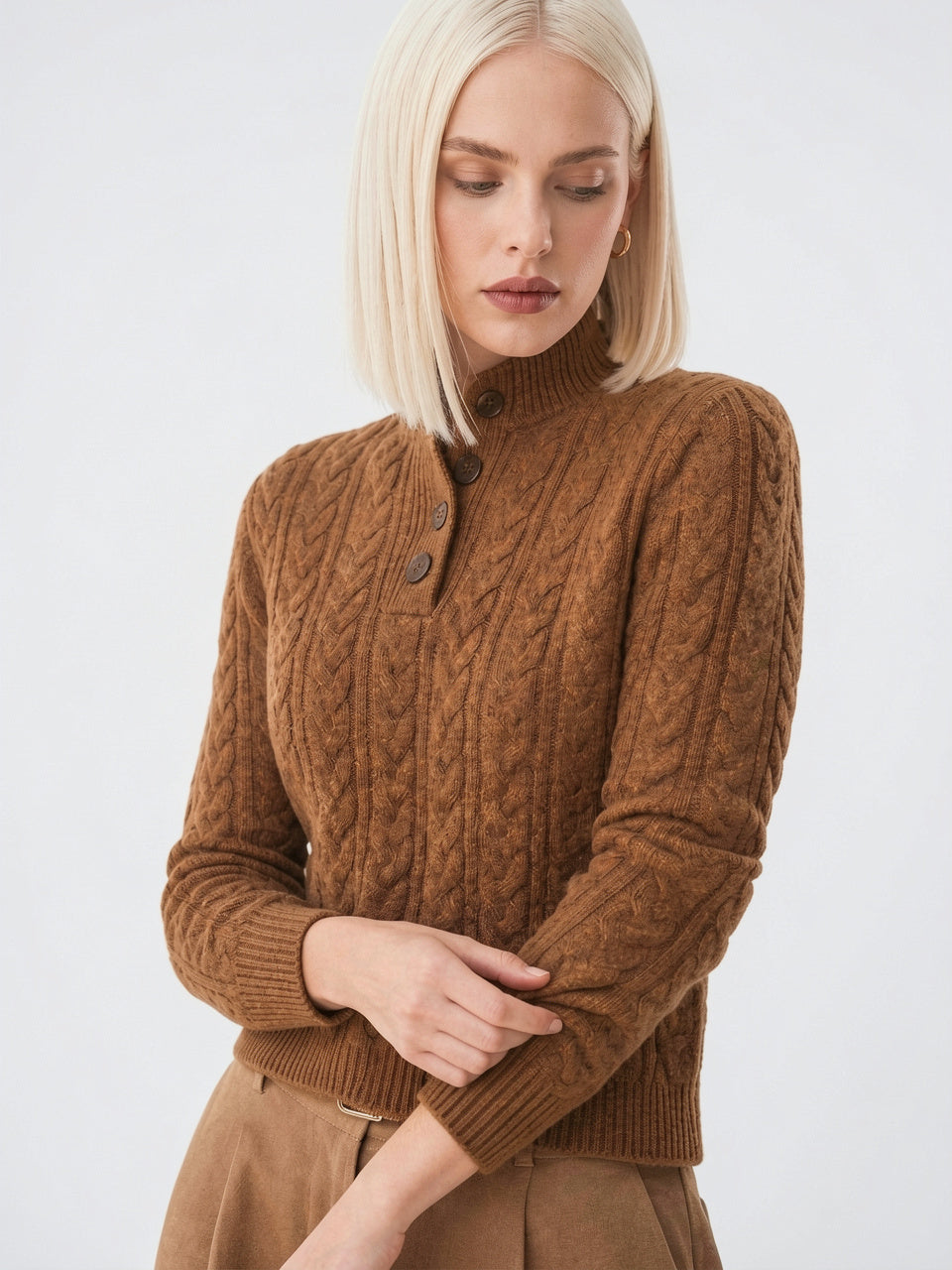 Pull Cachemire Boutonné Col Montant Femme Torsadé - 2