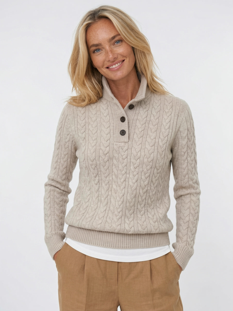 Pull Cachemire Boutonné Col Montant Femme Torsadé - 22