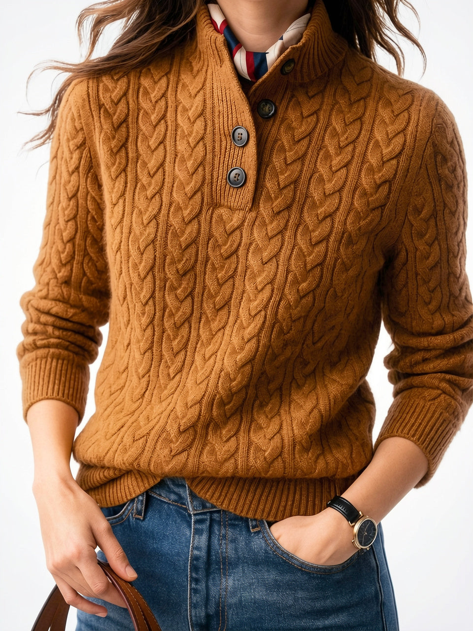 Pull Cachemire Boutonné Col Montant Femme Torsadé - 24