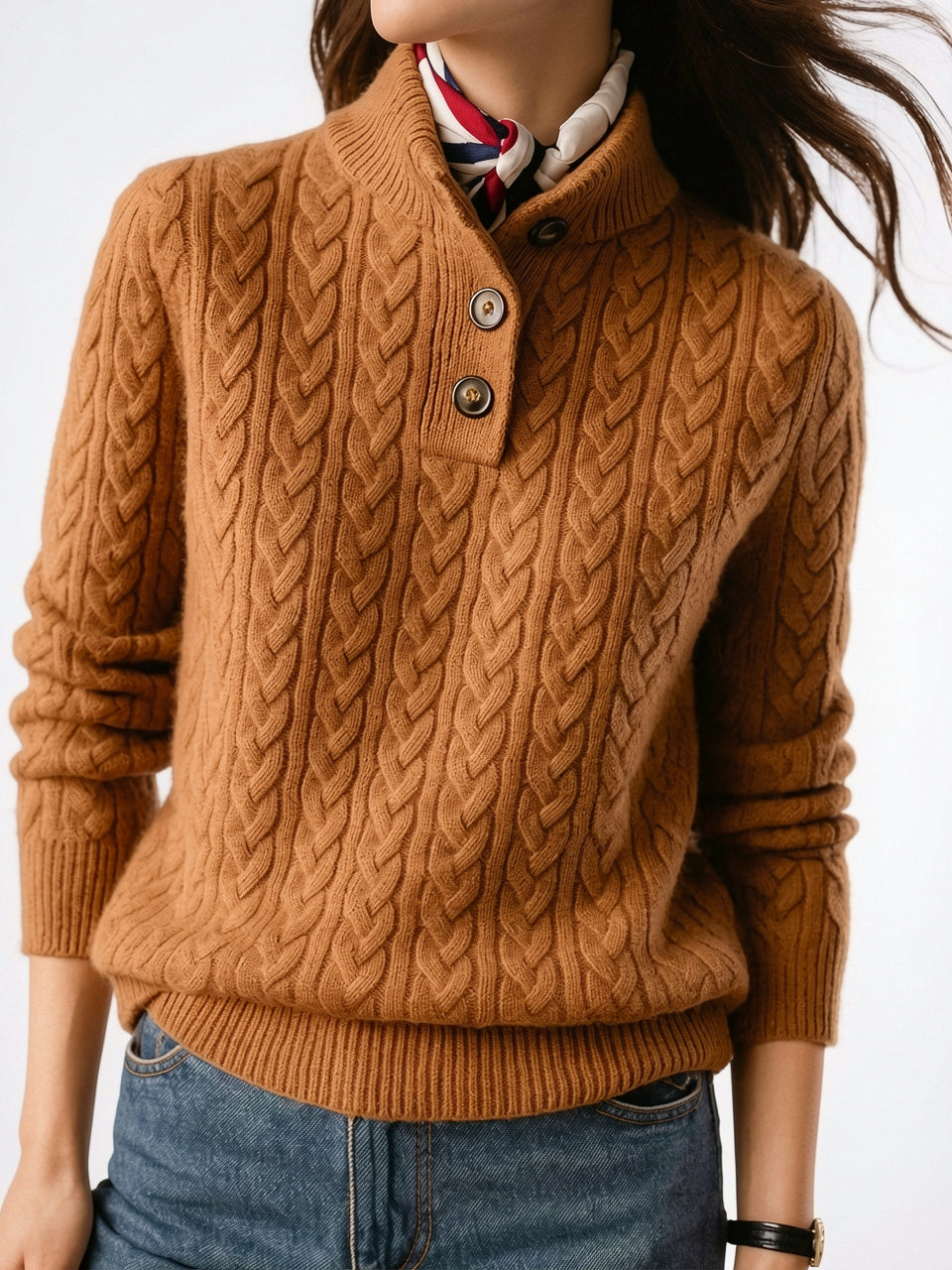 Pull Cachemire Boutonné Col Montant Femme Torsadé - 25