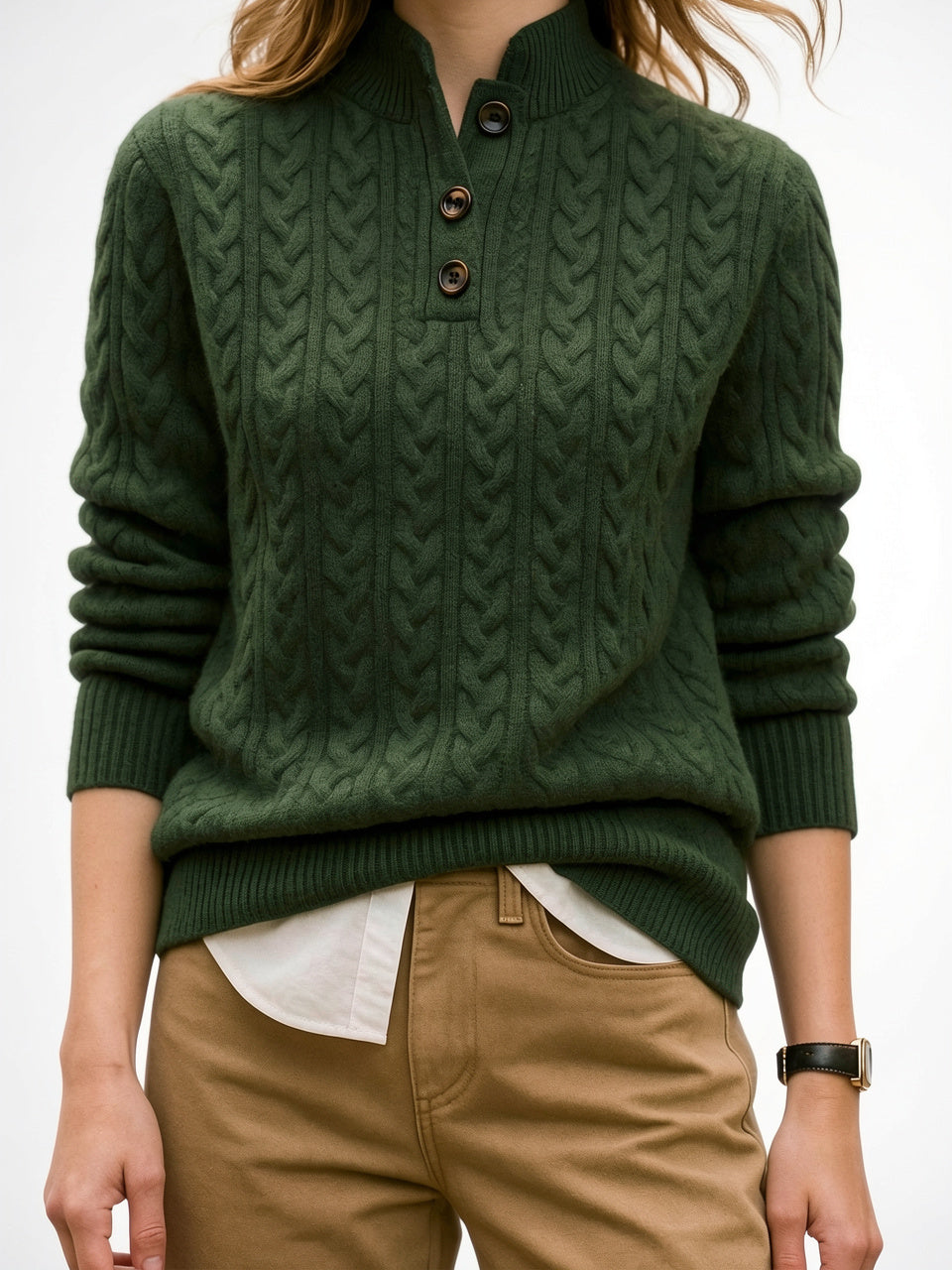 Pull Cachemire Boutonné Col Montant Femme Torsadé - 26
