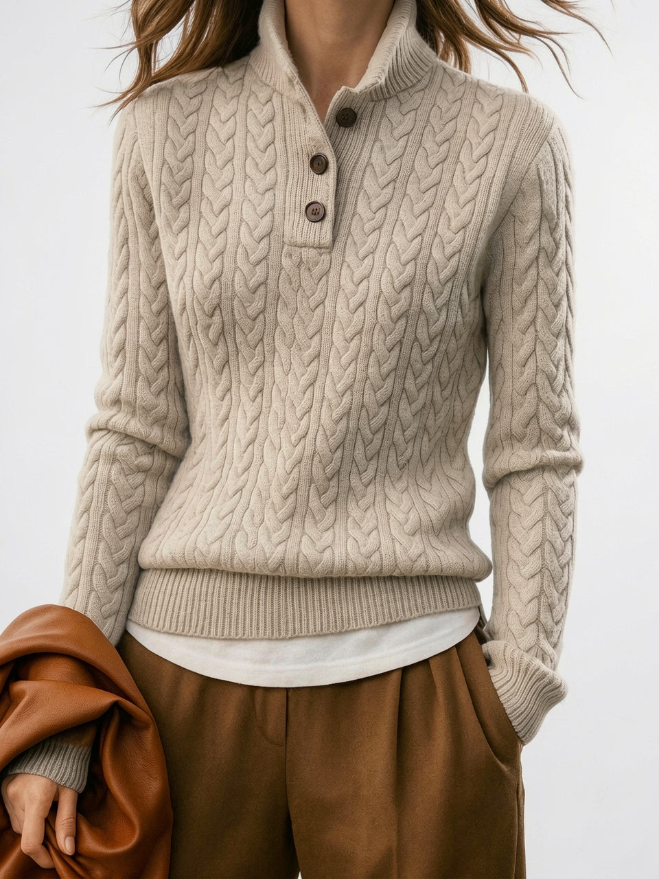 Pull Cachemire Boutonné Col Montant Femme Torsadé - 28