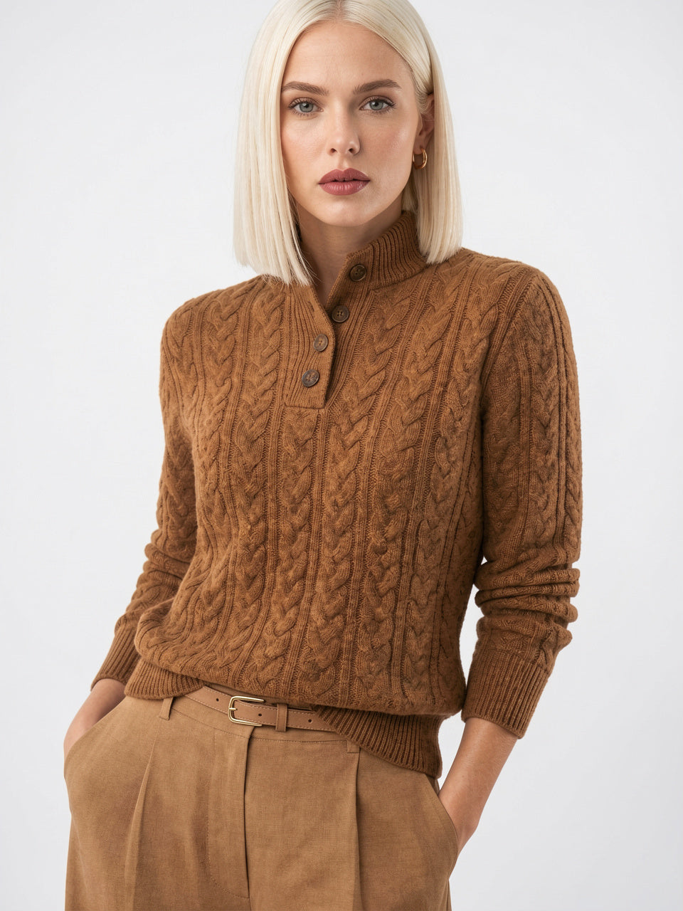 Pull Cachemire Boutonné Col Montant Femme Torsadé - 3