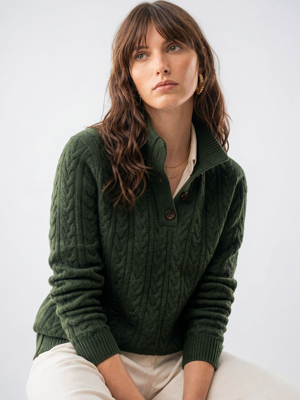 Pull Cachemire Boutonné Col Montant Femme Torsadé - 5