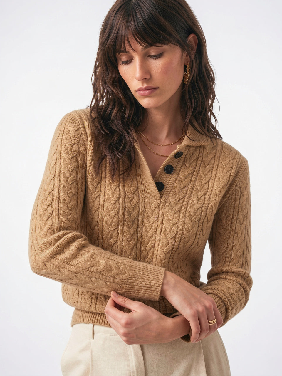 Pull Cachemire Boutonné Col Montant Femme Torsadé - Kaki XS