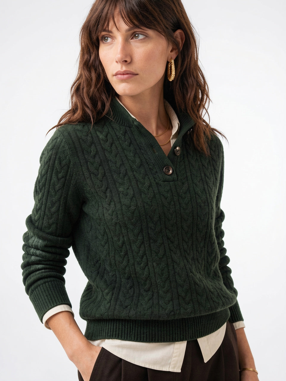 Pull Cachemire Boutonné Col Montant Femme Torsadé - Olive XS
