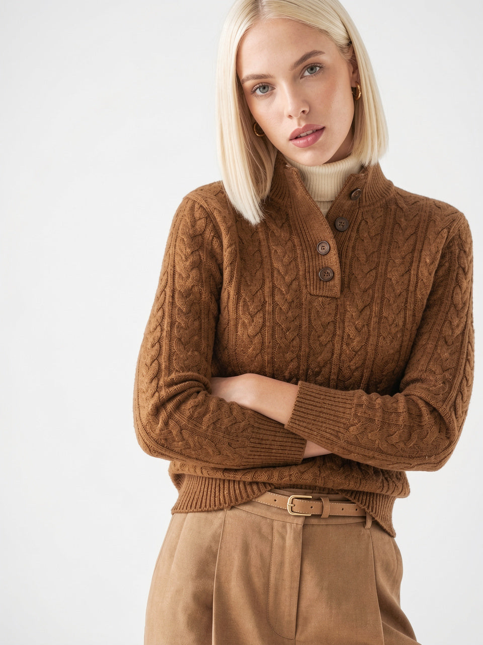Pull Cachemire Boutonné Col Montant Femme Torsadé - Vintage XS