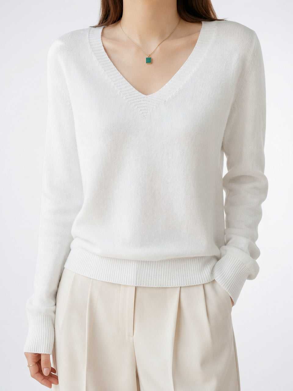 Pull Cachemire Col V Maille Femme - Blanc XS