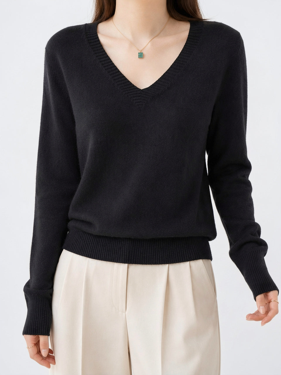 Pull Cachemire Col V Maille Femme - Noir XS