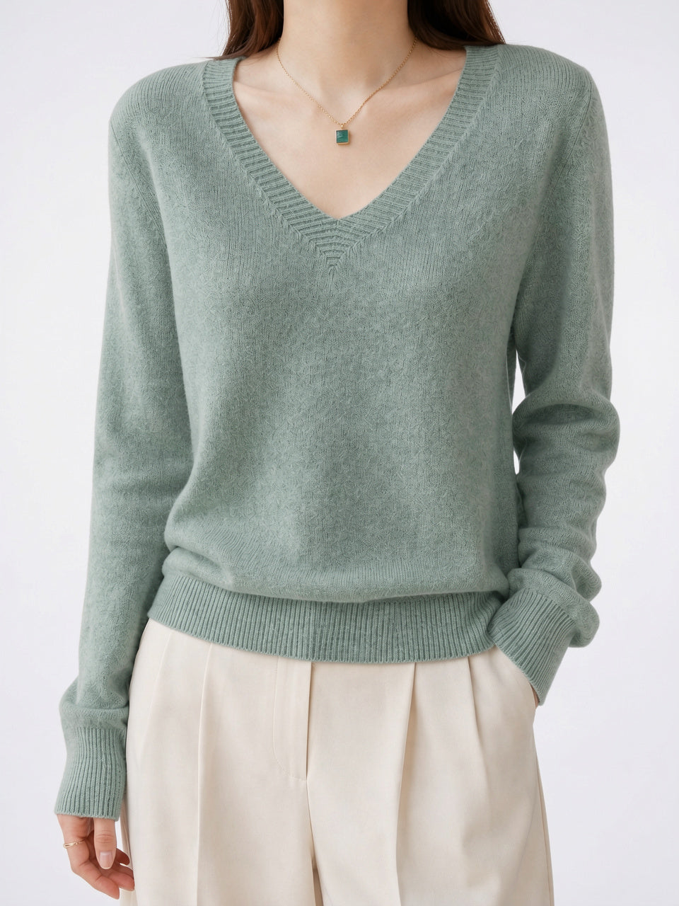 Pull Cachemire Col V Maille Femme - Vert Sauge XS