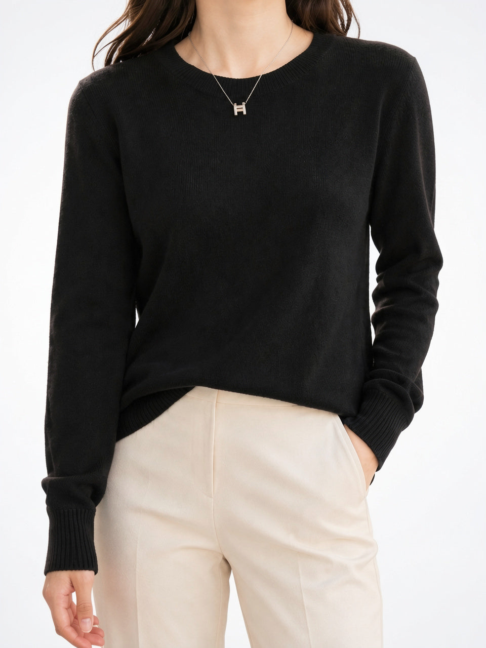 Pull Cachemire Femme Col Rond Maille Manches Longues - Noir XS