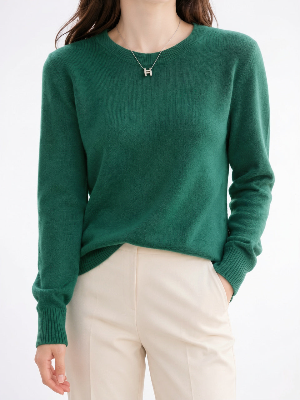 Pull Cachemire Femme Col Rond Maille Manches Longues - Vert XS
