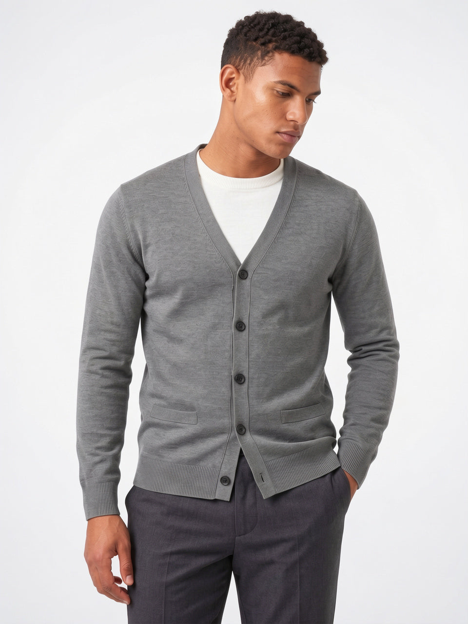 Pull Cardigan Maille Homme Boutonné Col V - Gris M