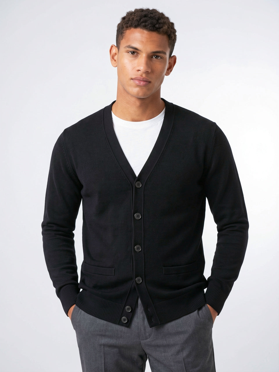 Pull Cardigan Maille Homme Boutonné Col V - Noir M