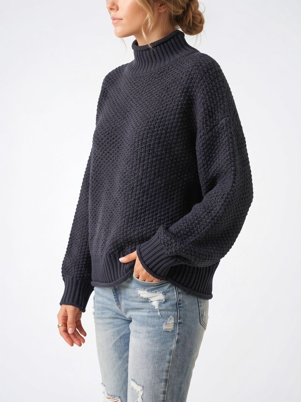 Pull Col Roulé Femme Oversize Épaule Tombée Tricot - 5