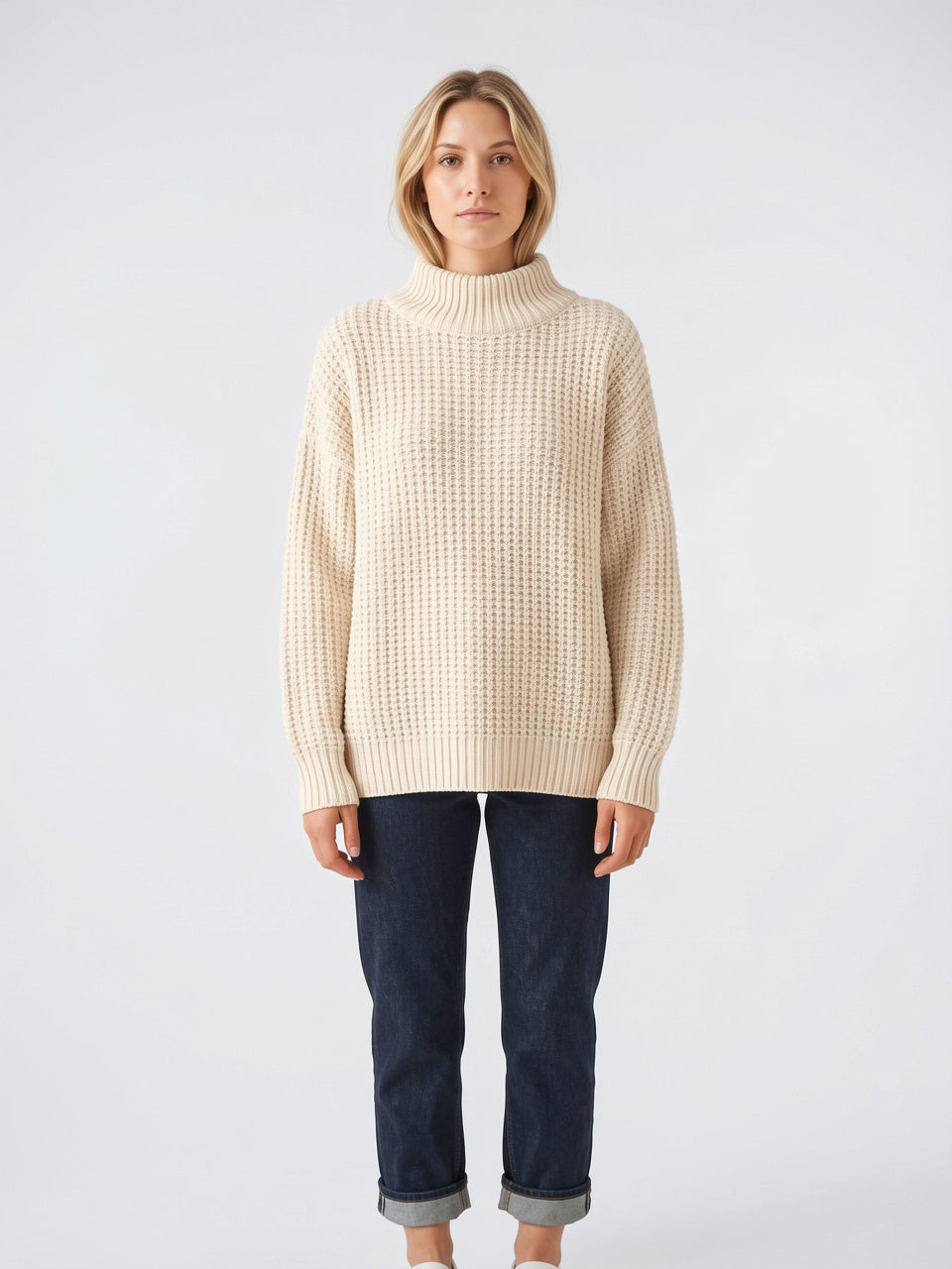 Pull Col Roulé Femme Oversize Épaule Tombée Tricot - Blanc S