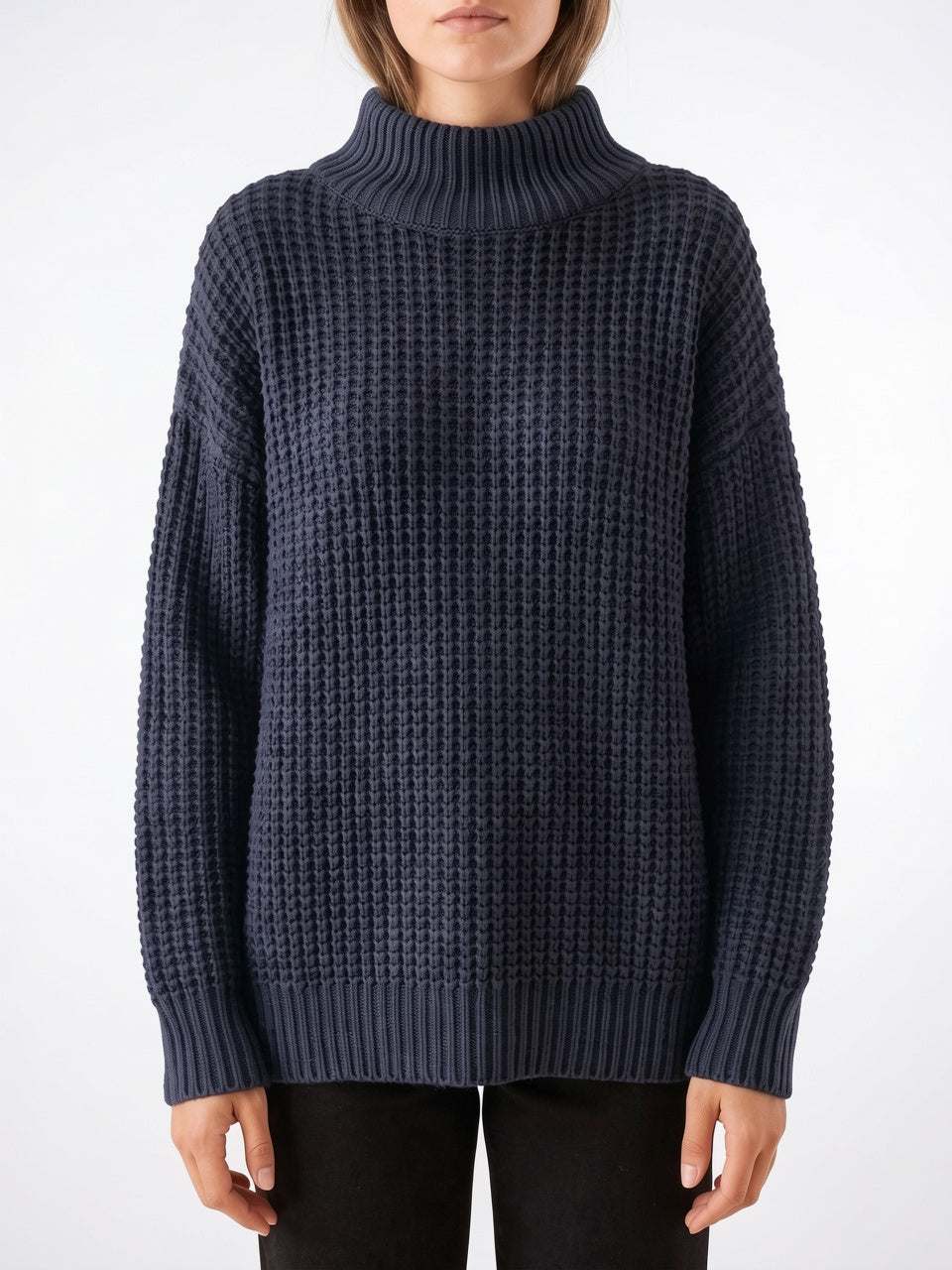 Pull Col Roulé Femme Oversize Épaule Tombée Tricot - Bleu S