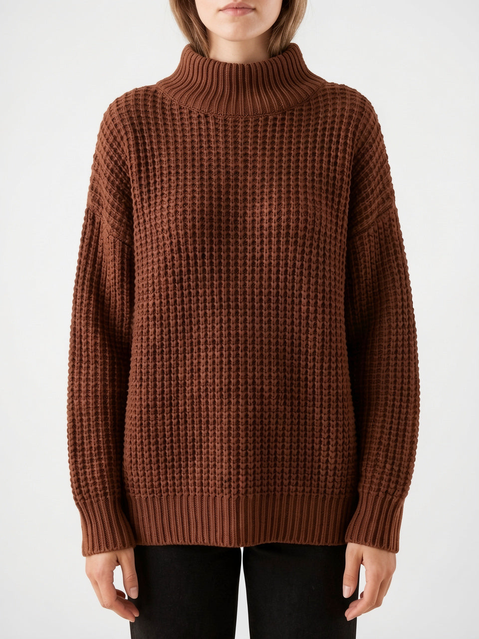 Pull Col Roulé Femme Oversize Épaule Tombée Tricot - Marron S