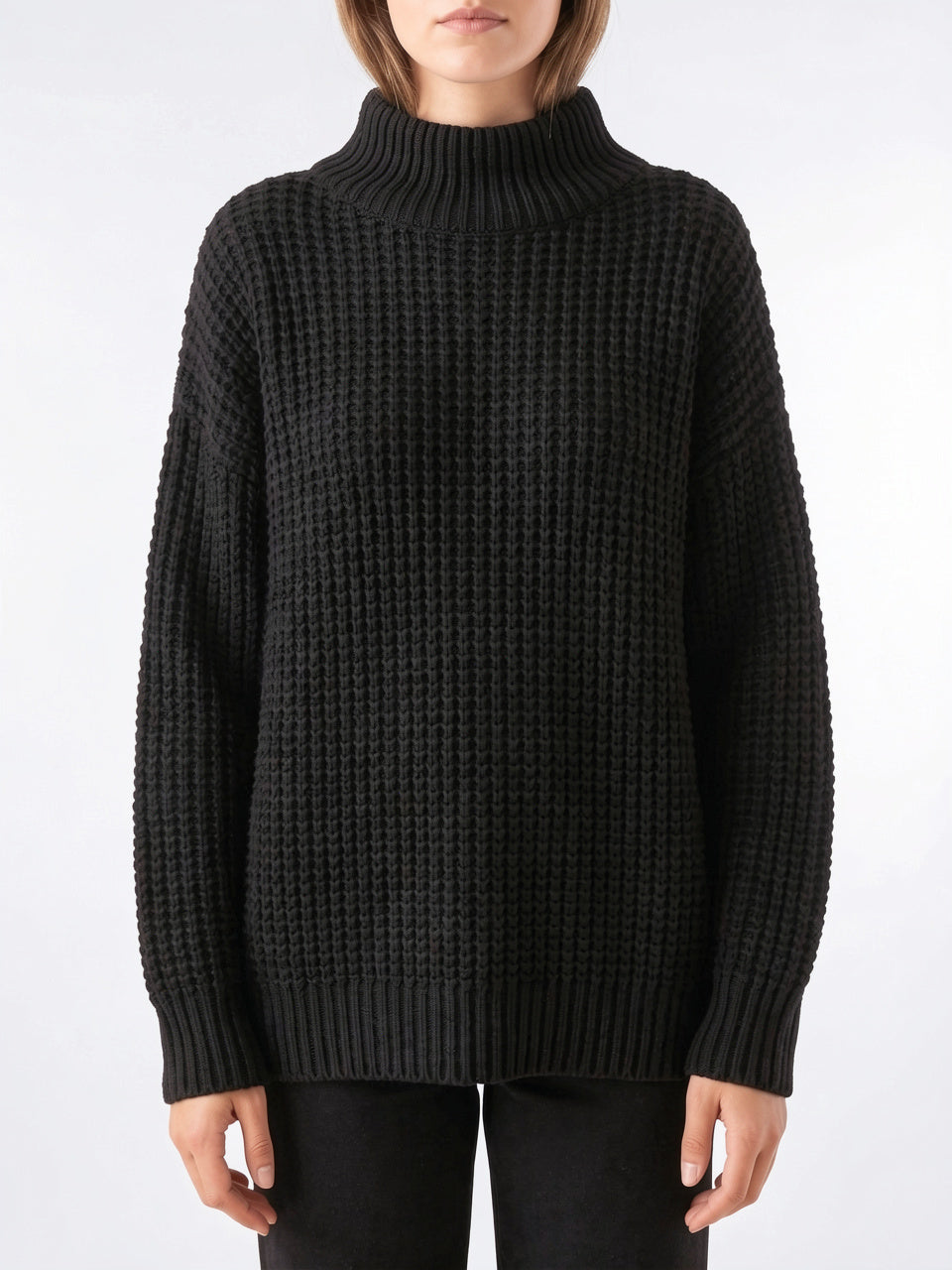 Pull Col Roulé Femme Oversize Épaule Tombée Tricot - Noir S