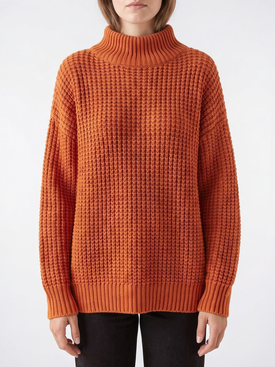 Pull Col Roulé Femme Oversize Épaule Tombée Tricot - Orange S