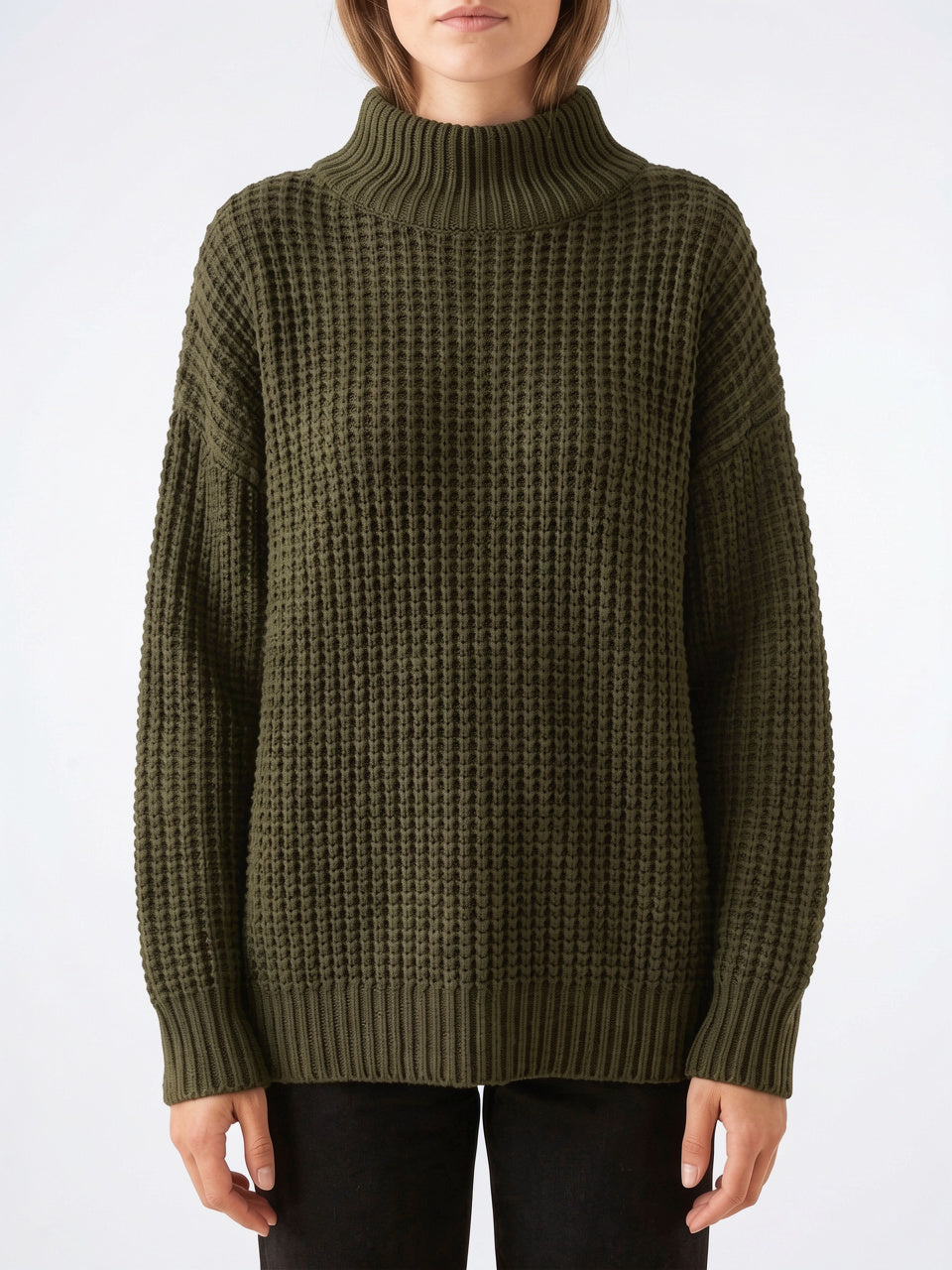 Pull Col Roulé Femme Oversize Épaule Tombée Tricot - Vert S