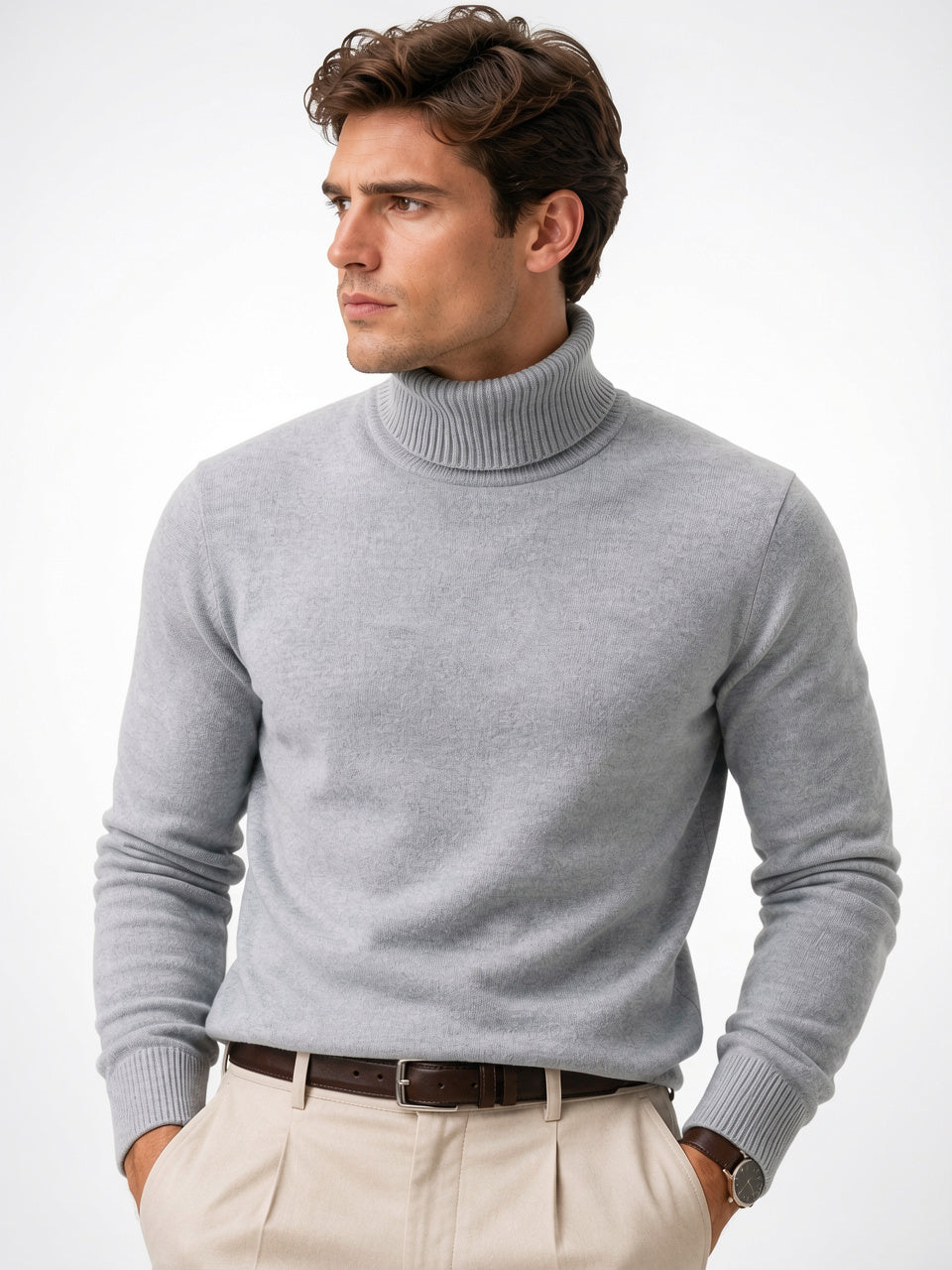 Pull Décontracté Homme Col Montant Maille Hiver Laine - Gris M