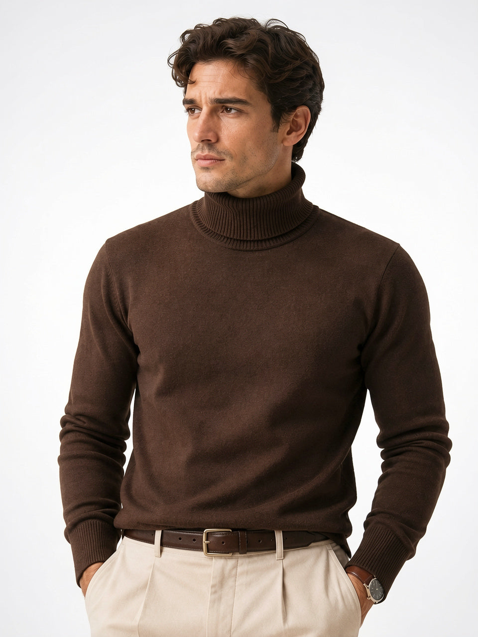 Pull Décontracté Homme Col Montant Maille Hiver Laine - Marron M