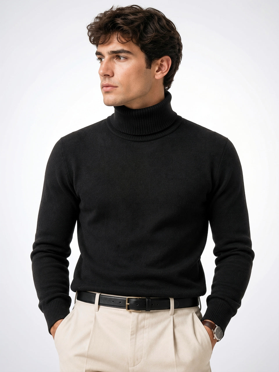 Pull Décontracté Homme Col Montant Maille Hiver Laine - Noir M