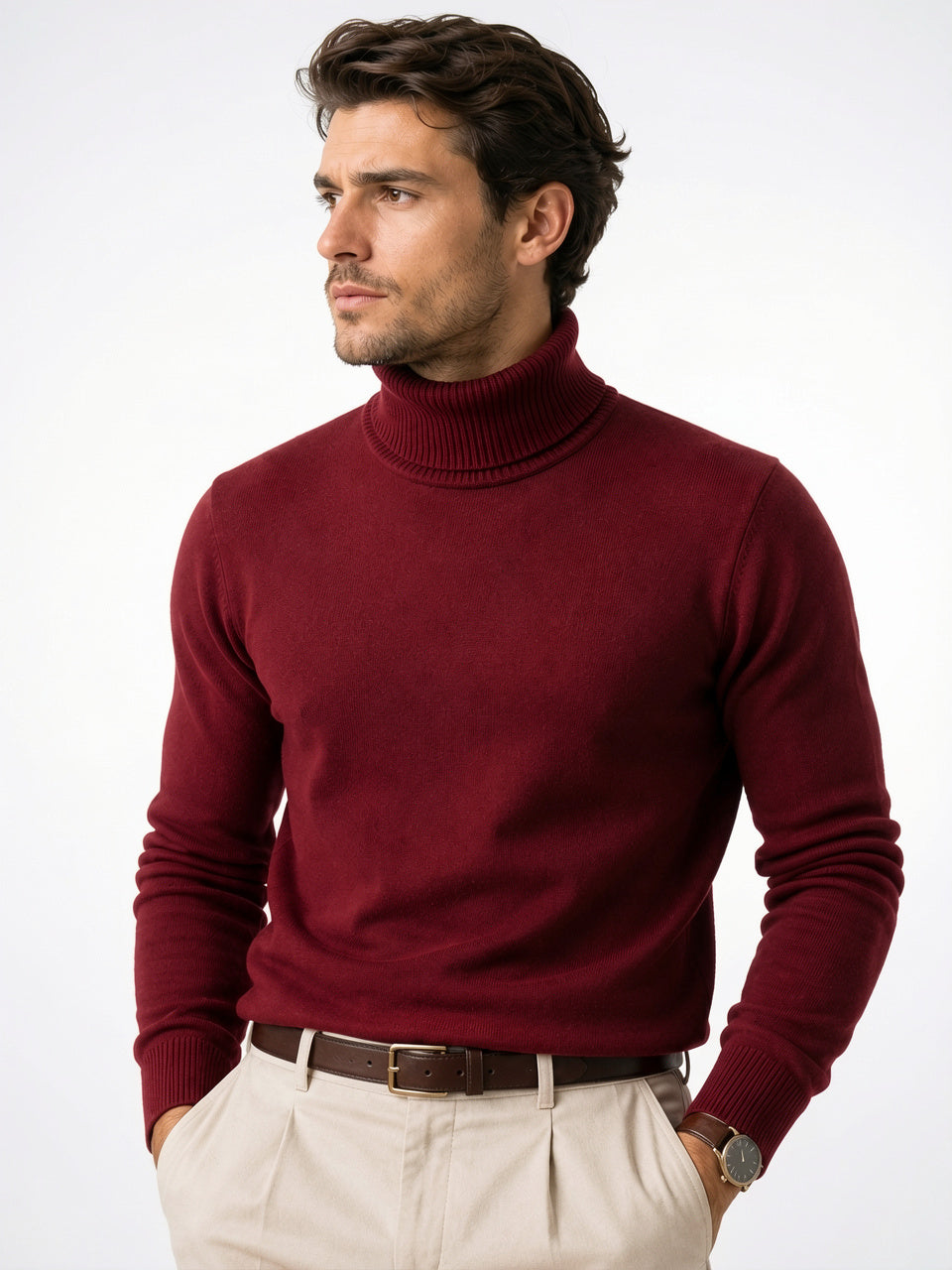 Pull Décontracté Homme Col Montant Maille Hiver Laine - Rouge M