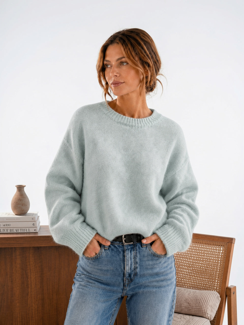 Pull Femme Duveteux Col Rond Tricot Moelleux Hiver - Bleu Menthe S