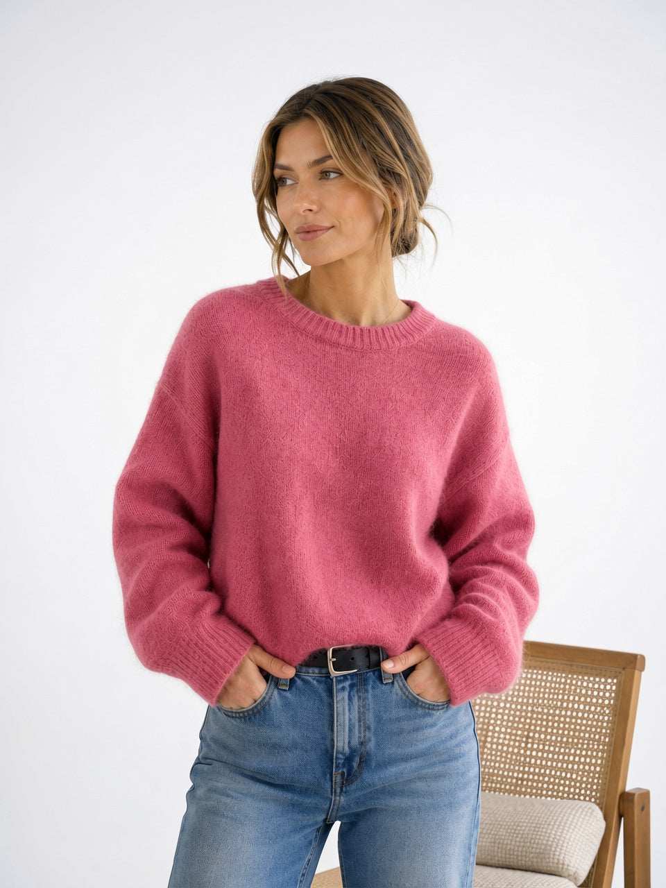 Pull Femme Duveteux Col Rond Tricot Moelleux Hiver - Rose S