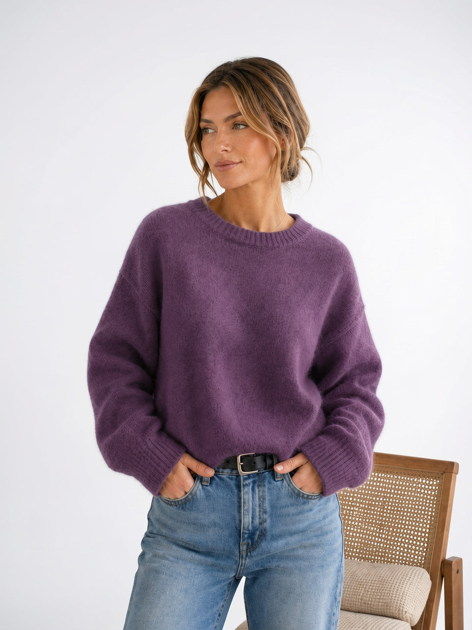 Pull Femme Duveteux Col Rond Tricot Moelleux Hiver - Violet Foncé S