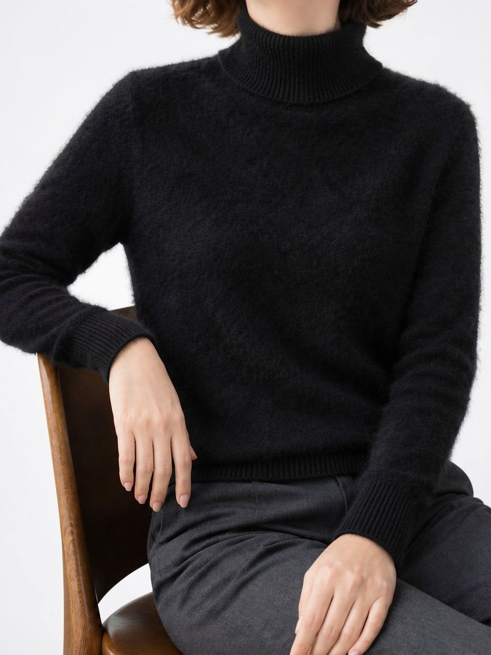 Pull Femme Vison Col Montant Cachemire Manches Longues - Noir XS