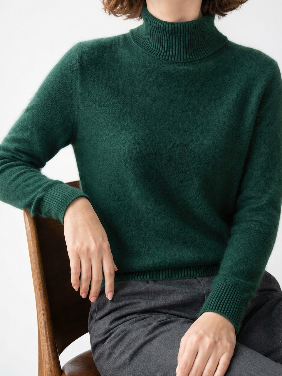 Pull Femme Vison Col Montant Cachemire Manches Longues - Vert Foncé XS