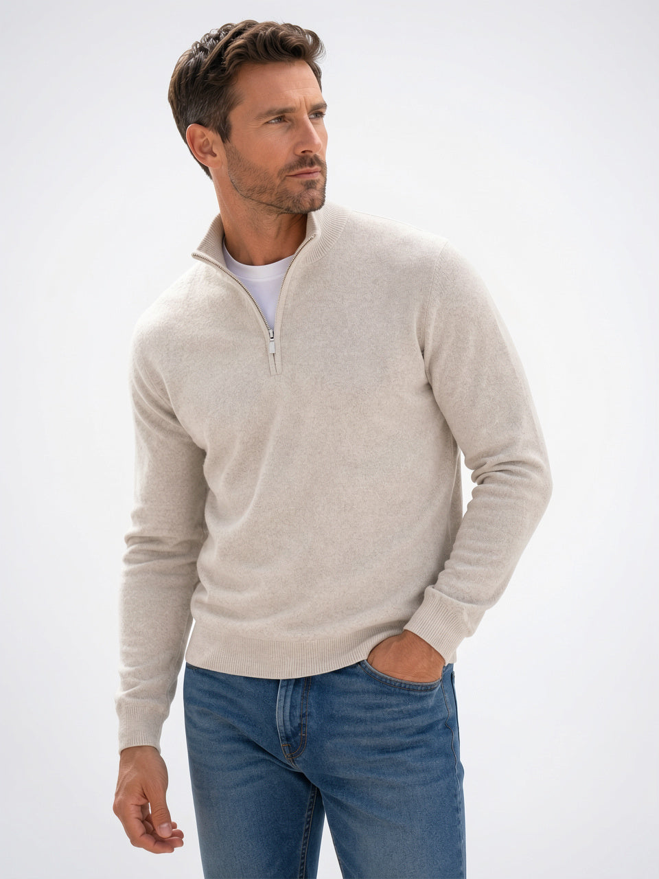 Pull Laine Mélange Homme Demi-Zip Col Montant - Beige S