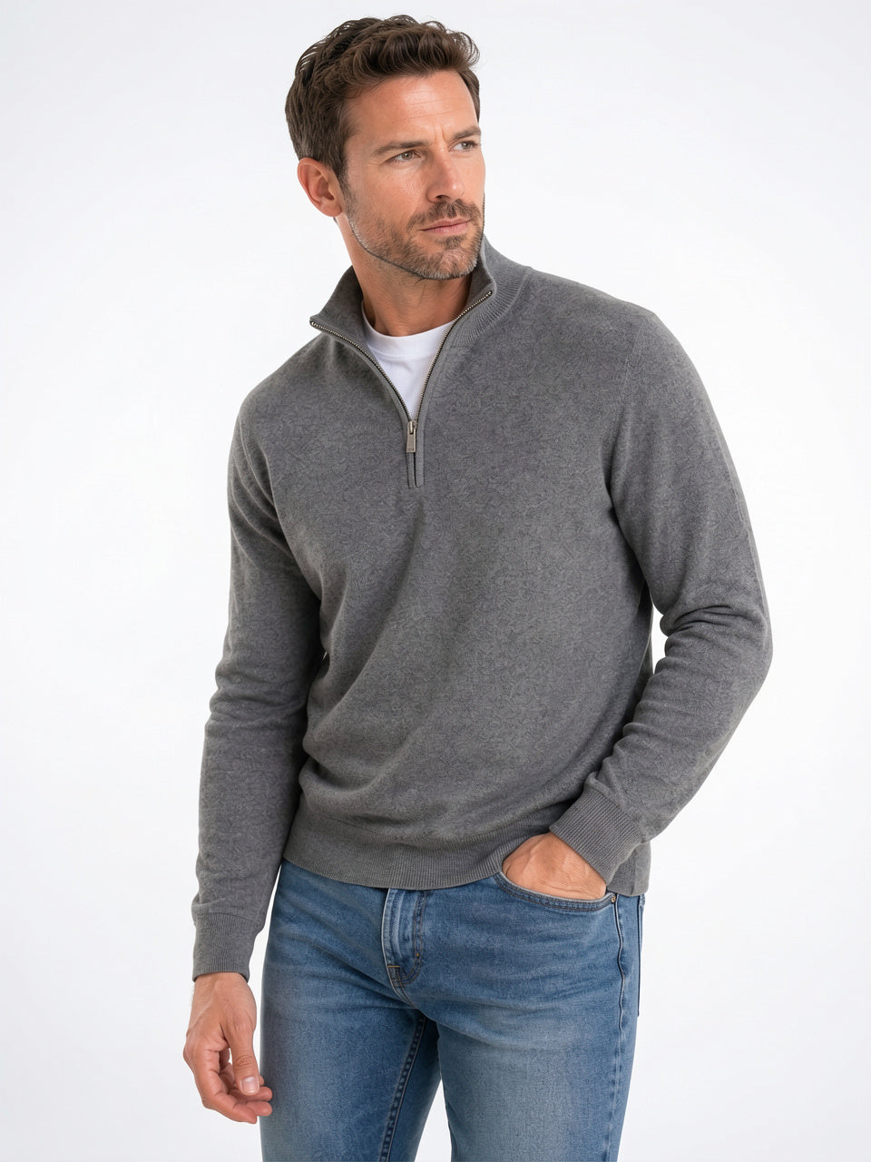 Pull Laine Mélange Homme Demi-Zip Col Montant - Gris S
