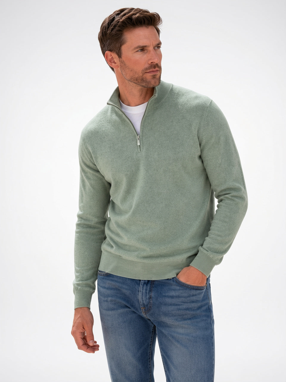 Pull Laine Mélange Homme Demi-Zip Col Montant - Vert S