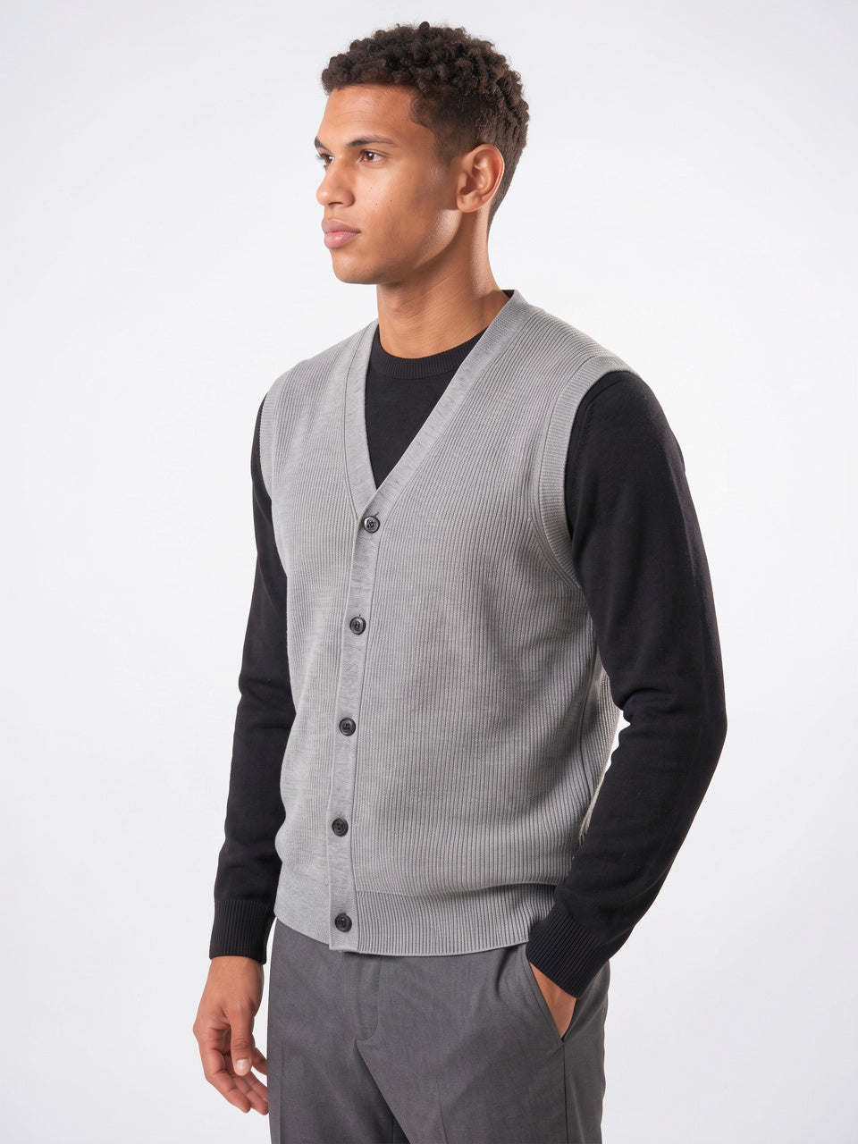 Pull Sans Manches Col V Homme Gilet Côtelé - 3