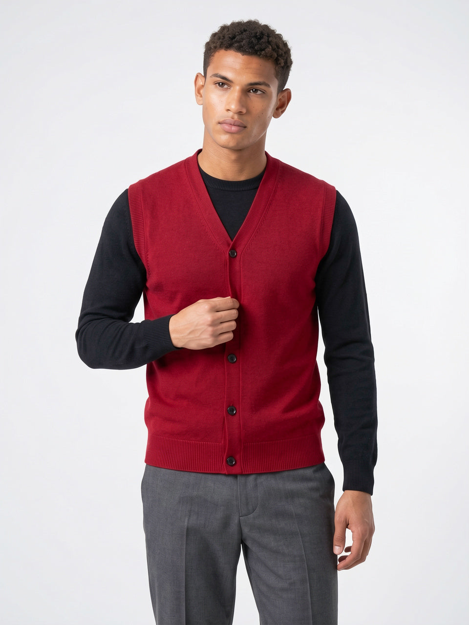 Pull Sans Manches Col V Homme Gilet Côtelé - Rouge Vin M