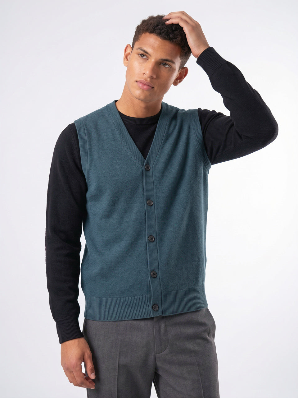 Pull Sans Manches Col V Homme Gilet Côtelé - Vert Kaki M