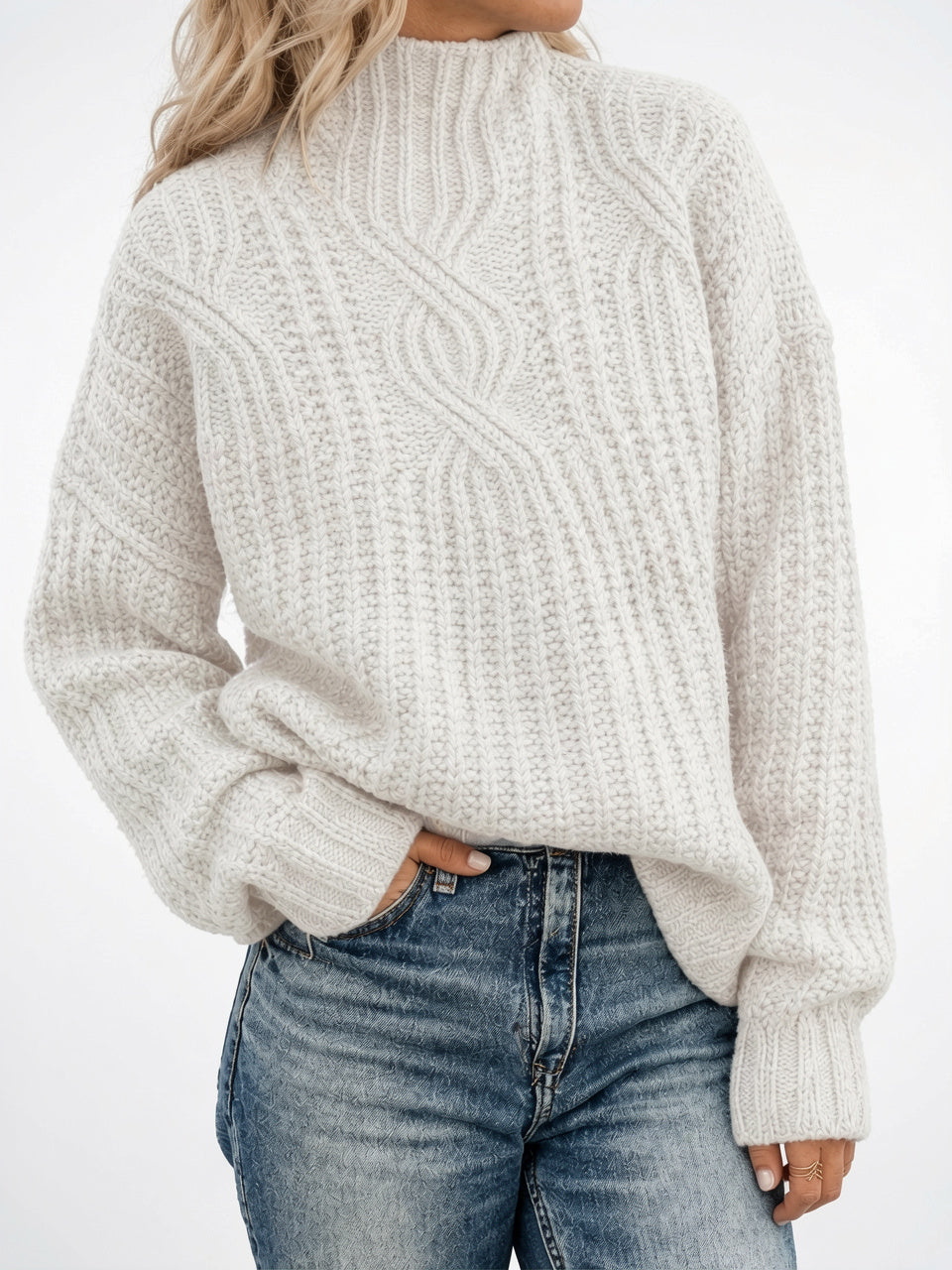Pull Torsadé Tricot Col Montant Oversize - Blanc XS