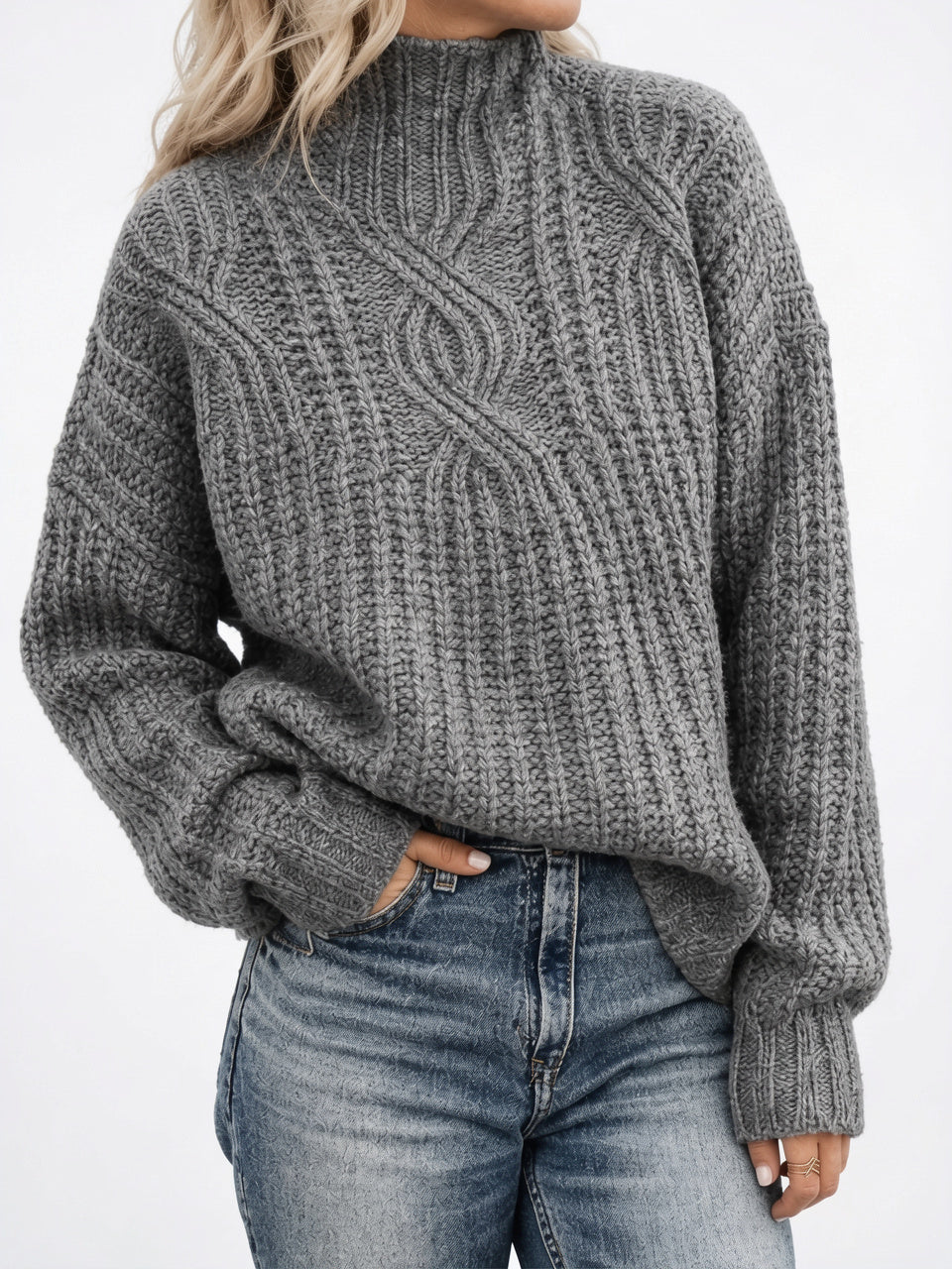 Pull Torsadé Tricot Col Montant Oversize - Gris XS