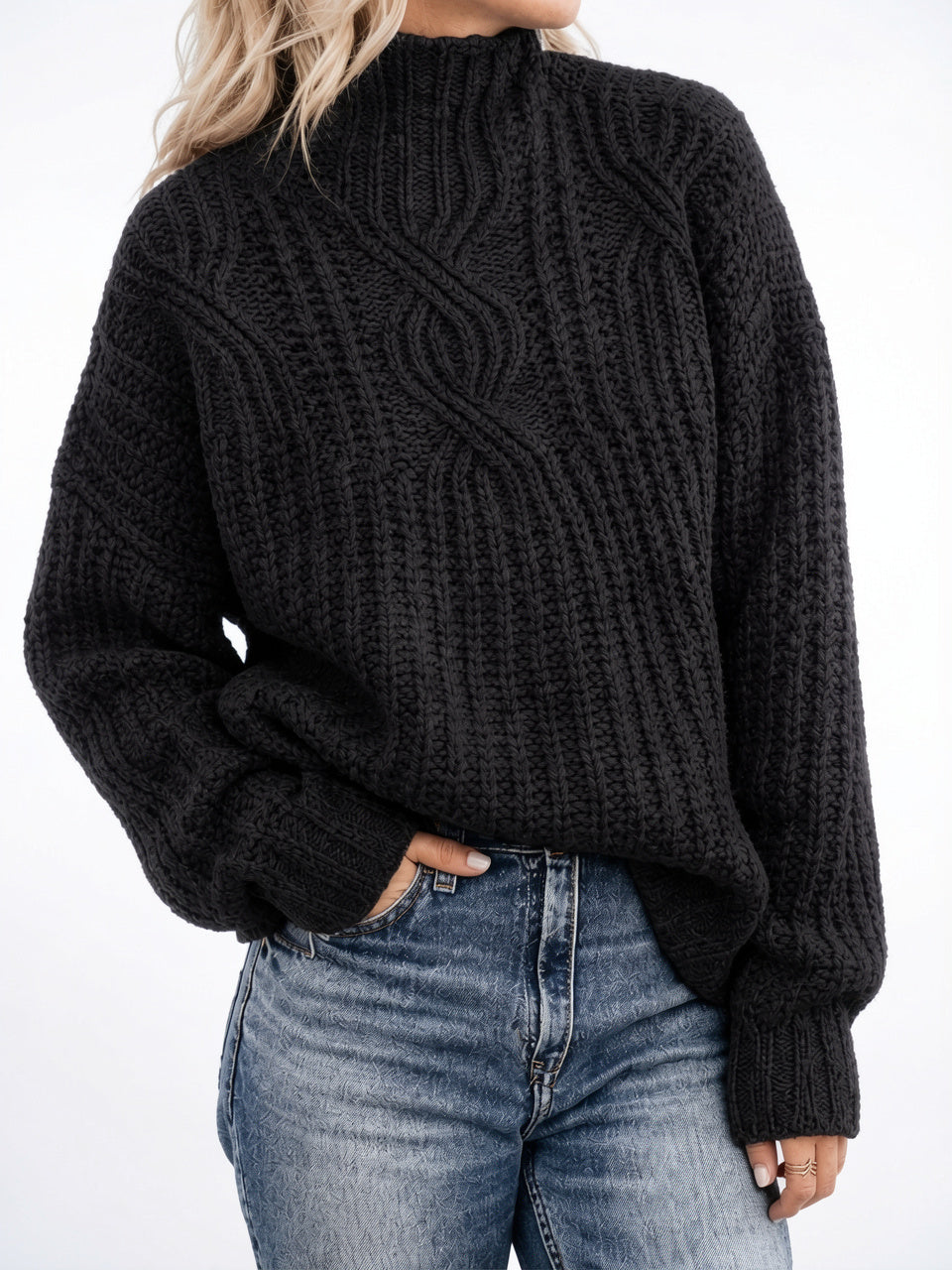 Pull Torsadé Tricot Col Montant Oversize - Noir XS
