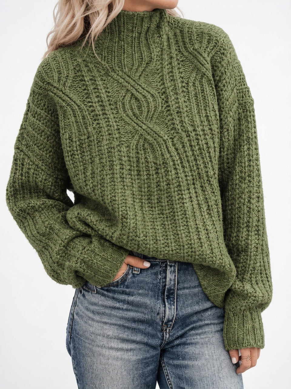 Pull Torsadé Tricot Col Montant Oversize - Vert Kaki XS