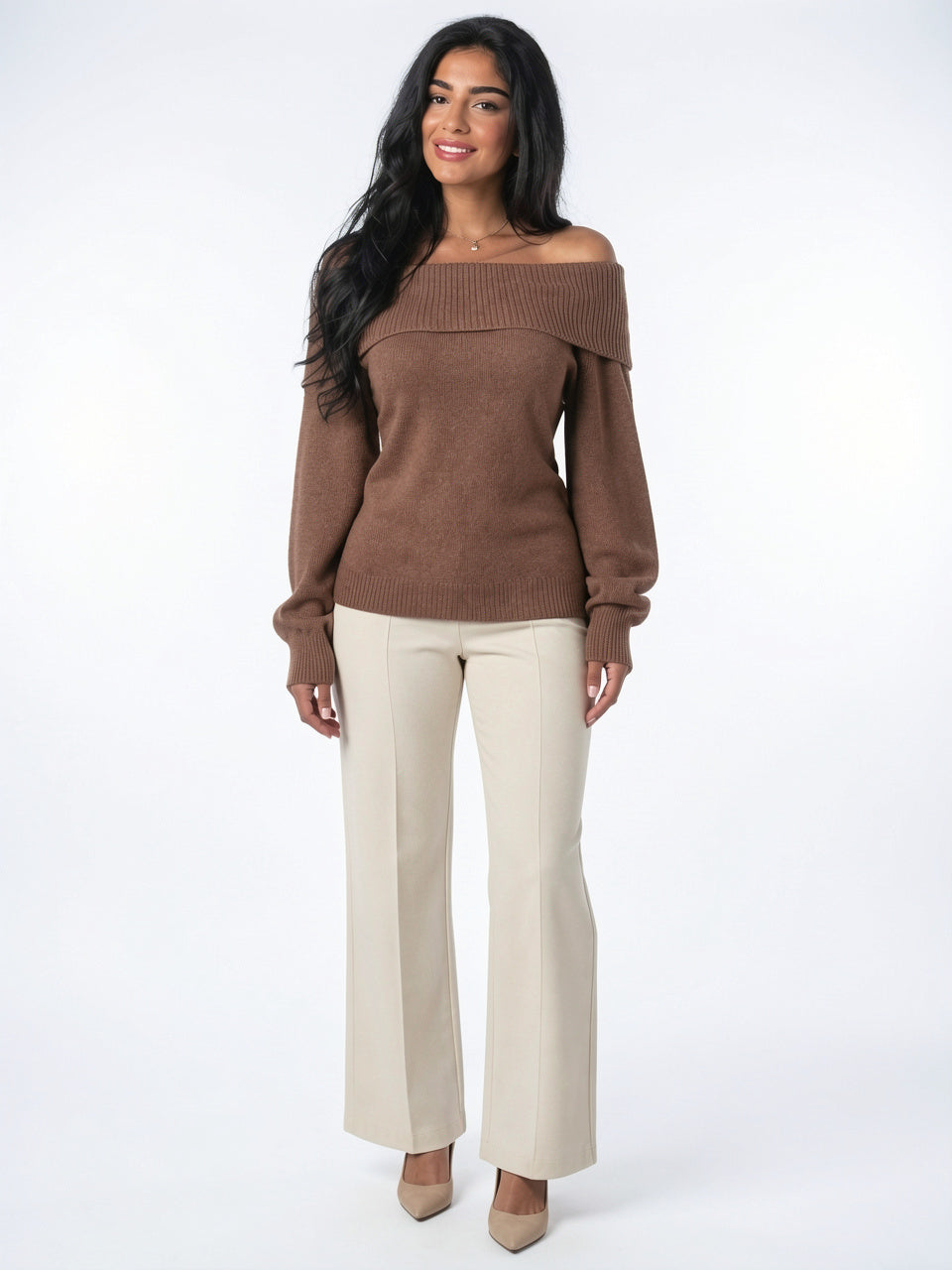 Pull Tricot Épaule Découverte Rabattu Côtelé Manches Longues - 1