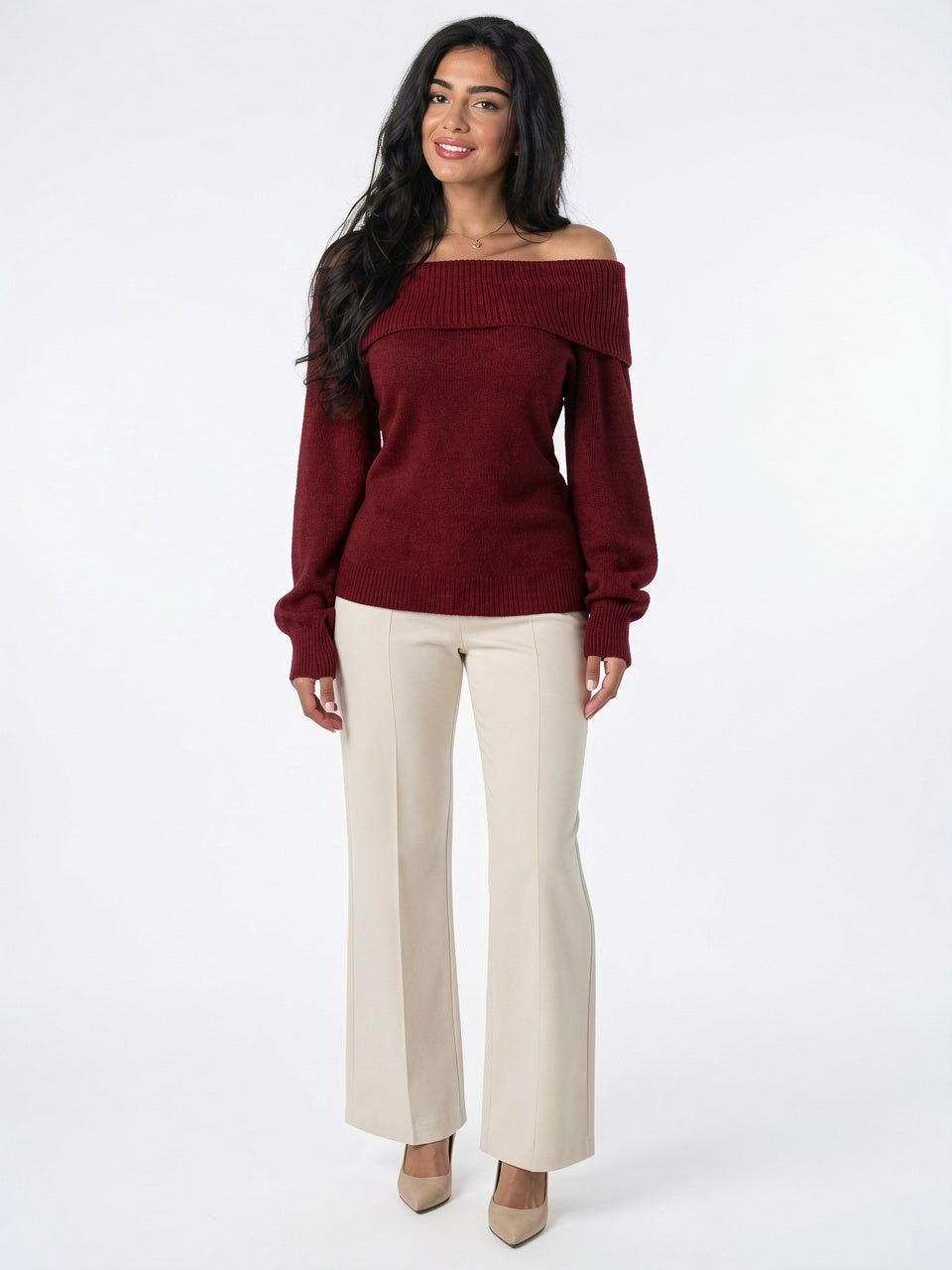 Pull Tricot Épaule Découverte Rabattu Côtelé Manches Longues - 4