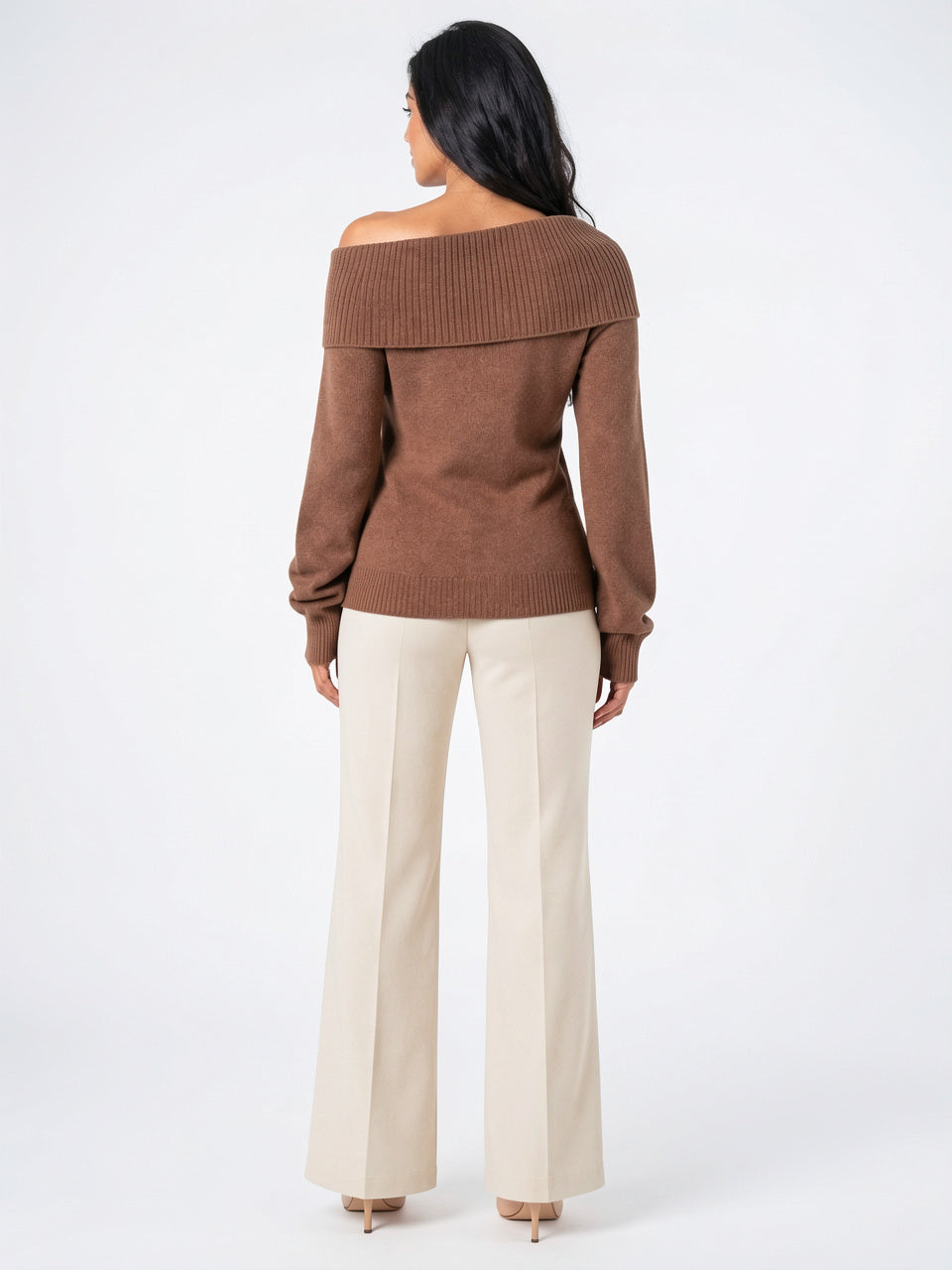 Pull Tricot Épaule Découverte Rabattu Côtelé Manches Longues - 8